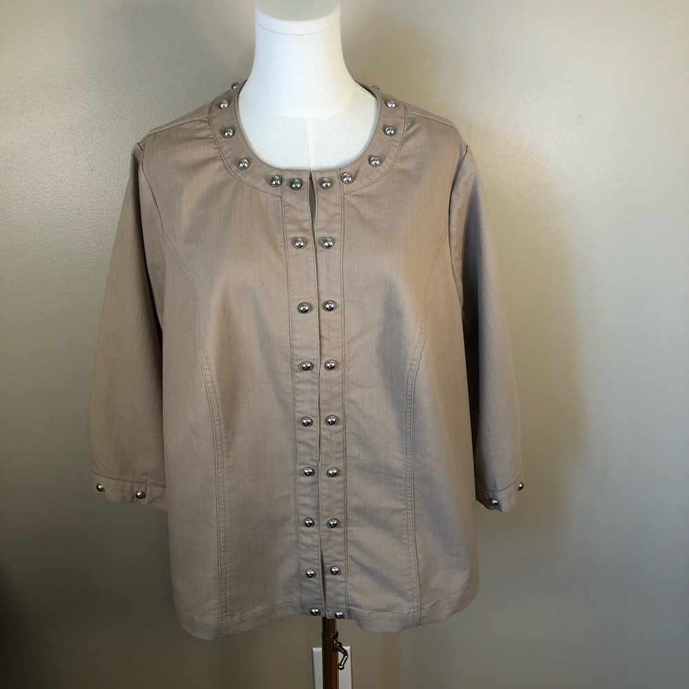 CJ Banks Tan Blazer with Mandarin Neckline & Silver Studs - Relaxed Fit Size 1X